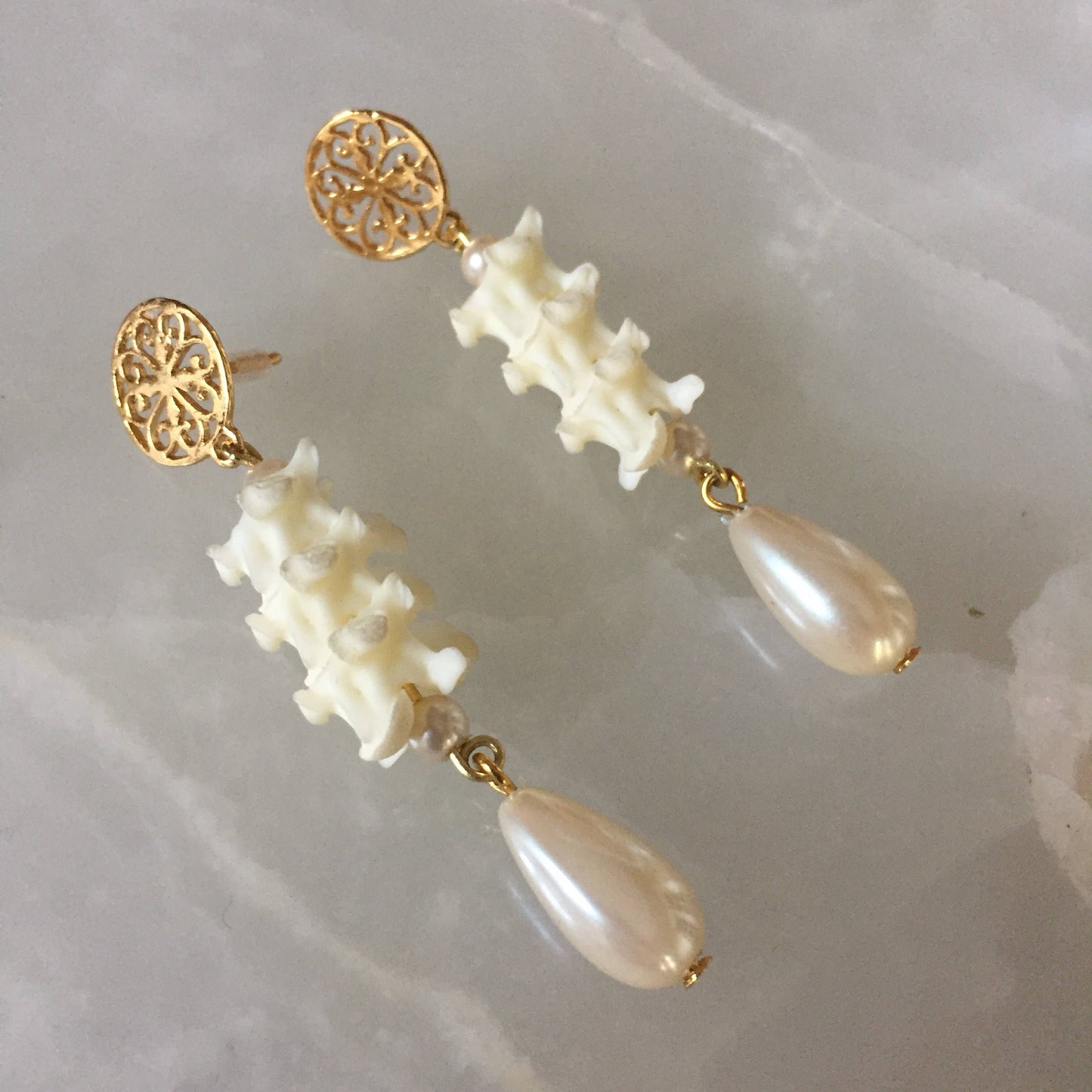 Vertebrae and Pearl Drop Earrings