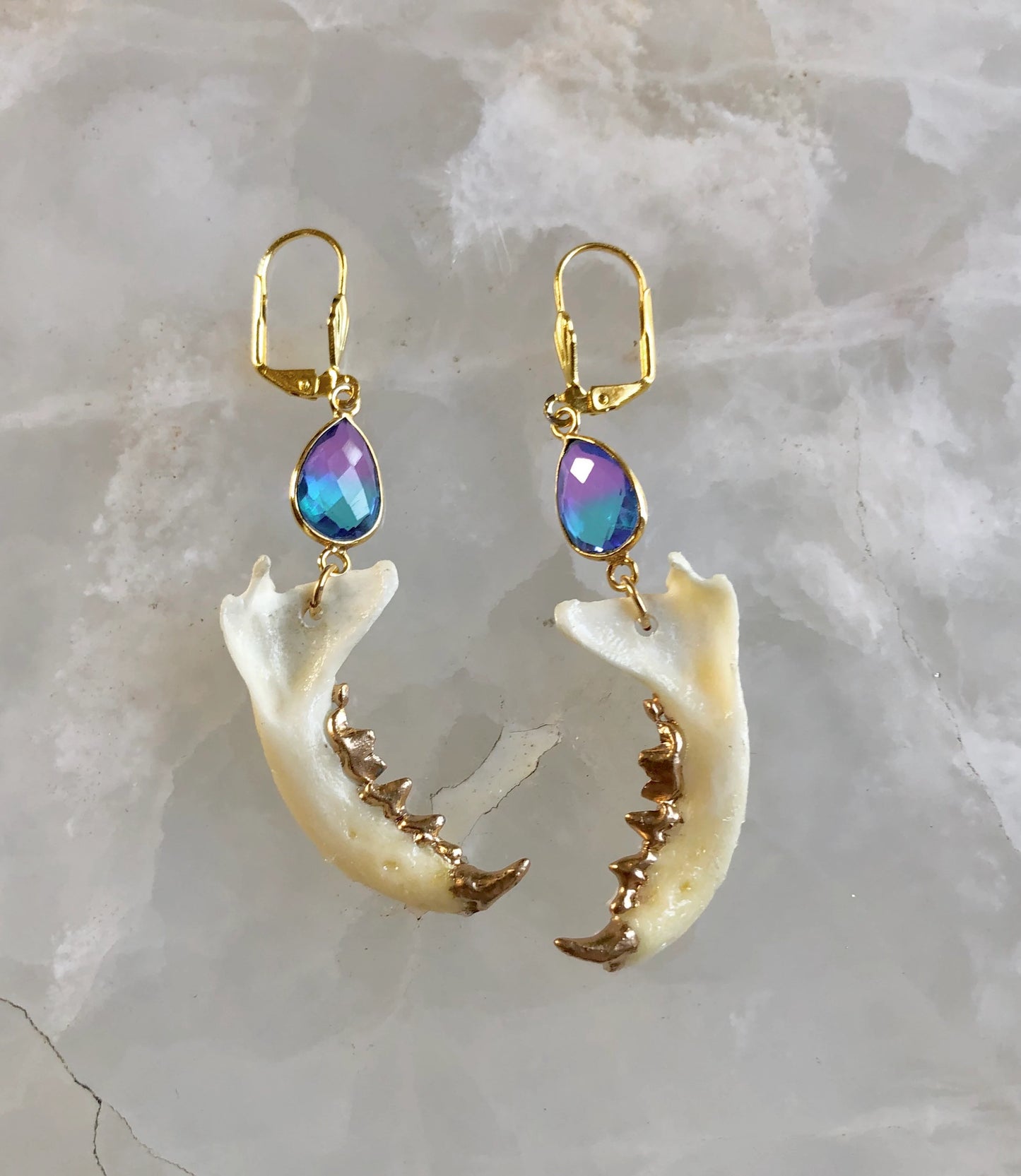 Blue and Purple Topaz Mink Mandible Earrings