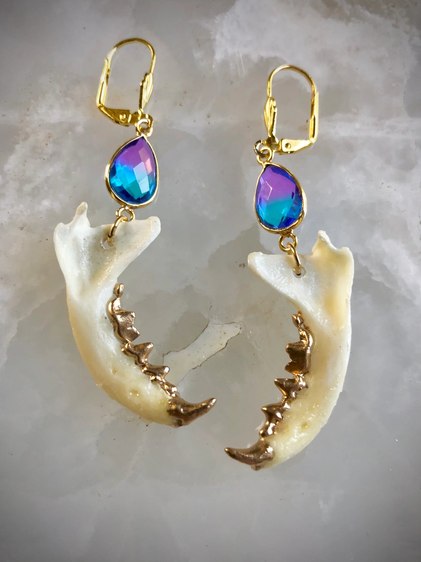 Blue and Purple Topaz Mink Mandible Earrings