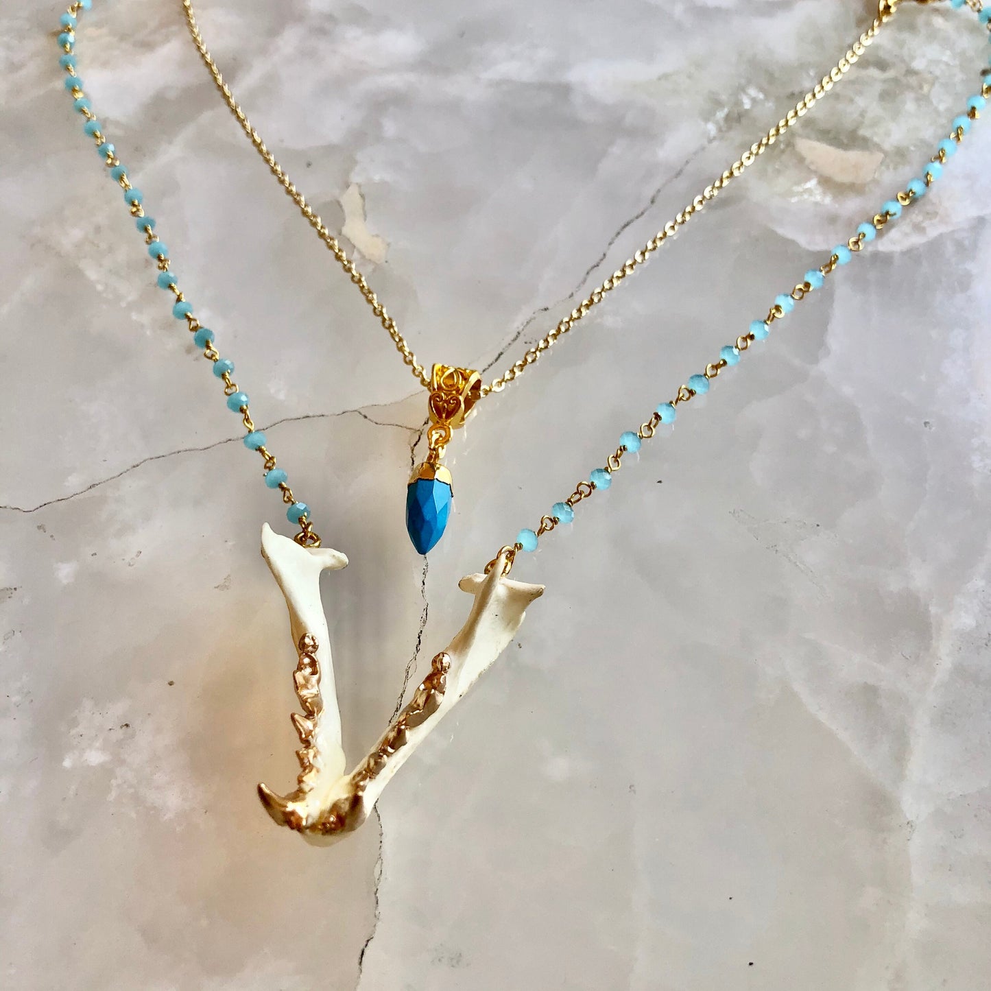 Mink Mandible and Stone Drop Necklace
