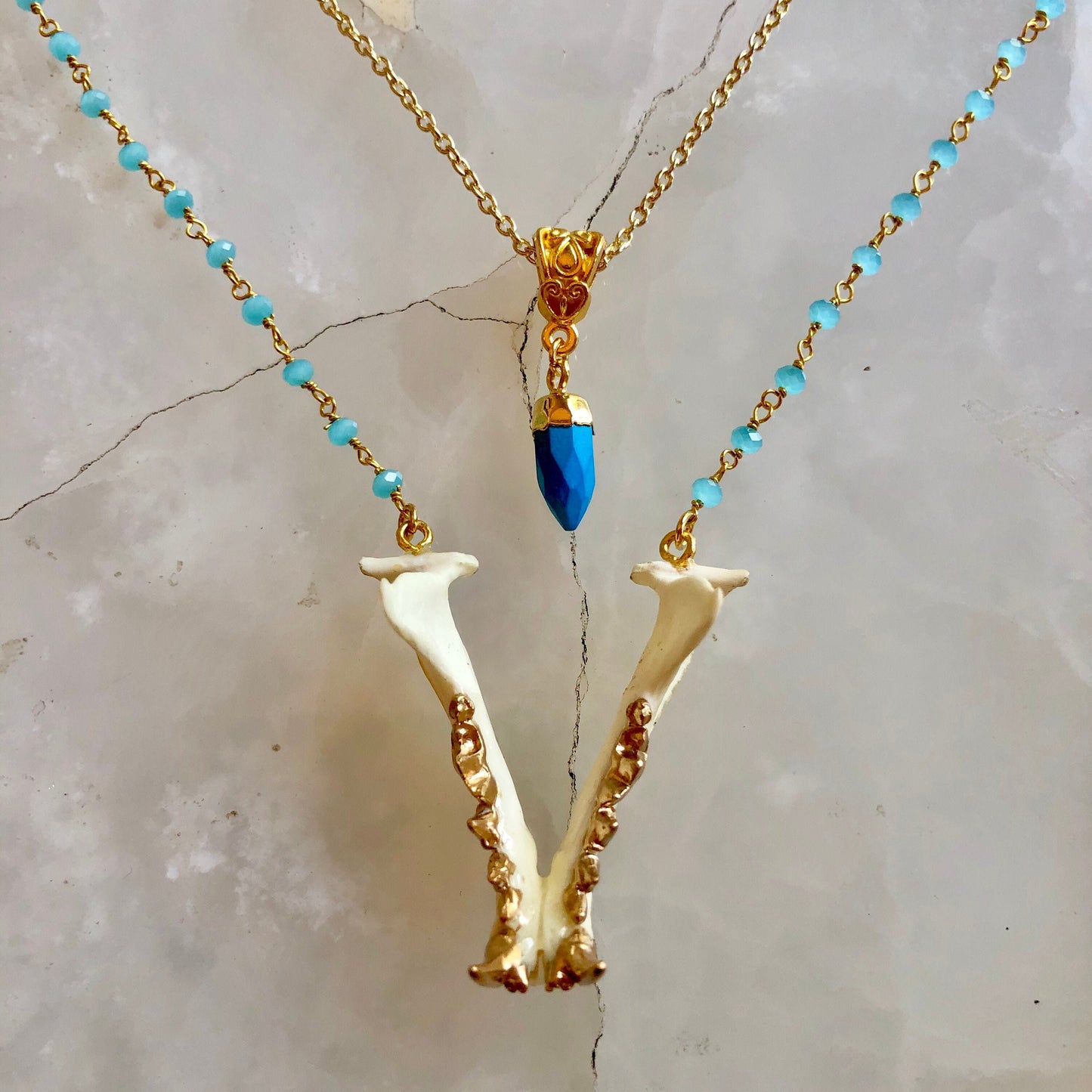 Mink Mandible and Stone Drop Necklace
