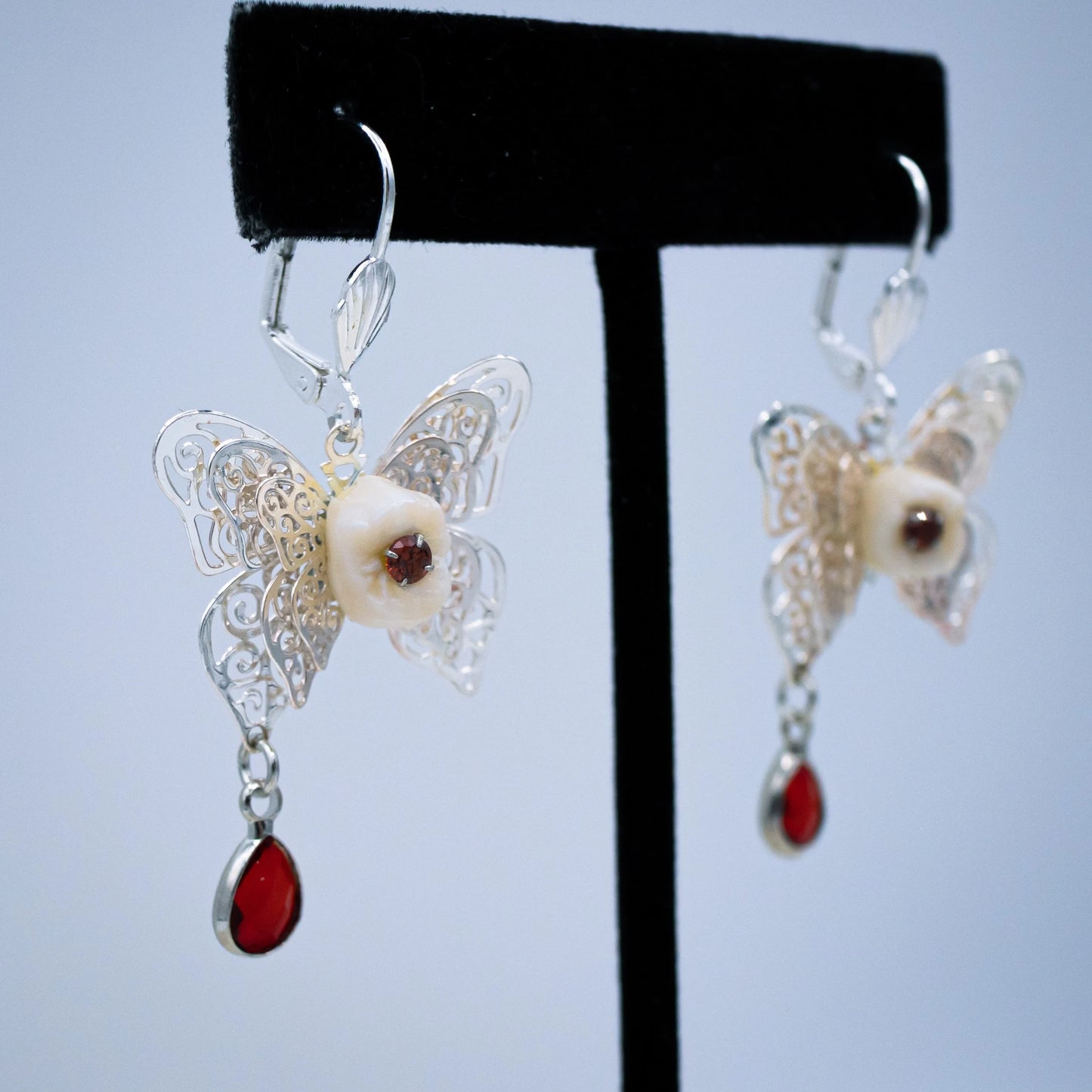 Red Crystal Human Tooth Butterfly Earrings