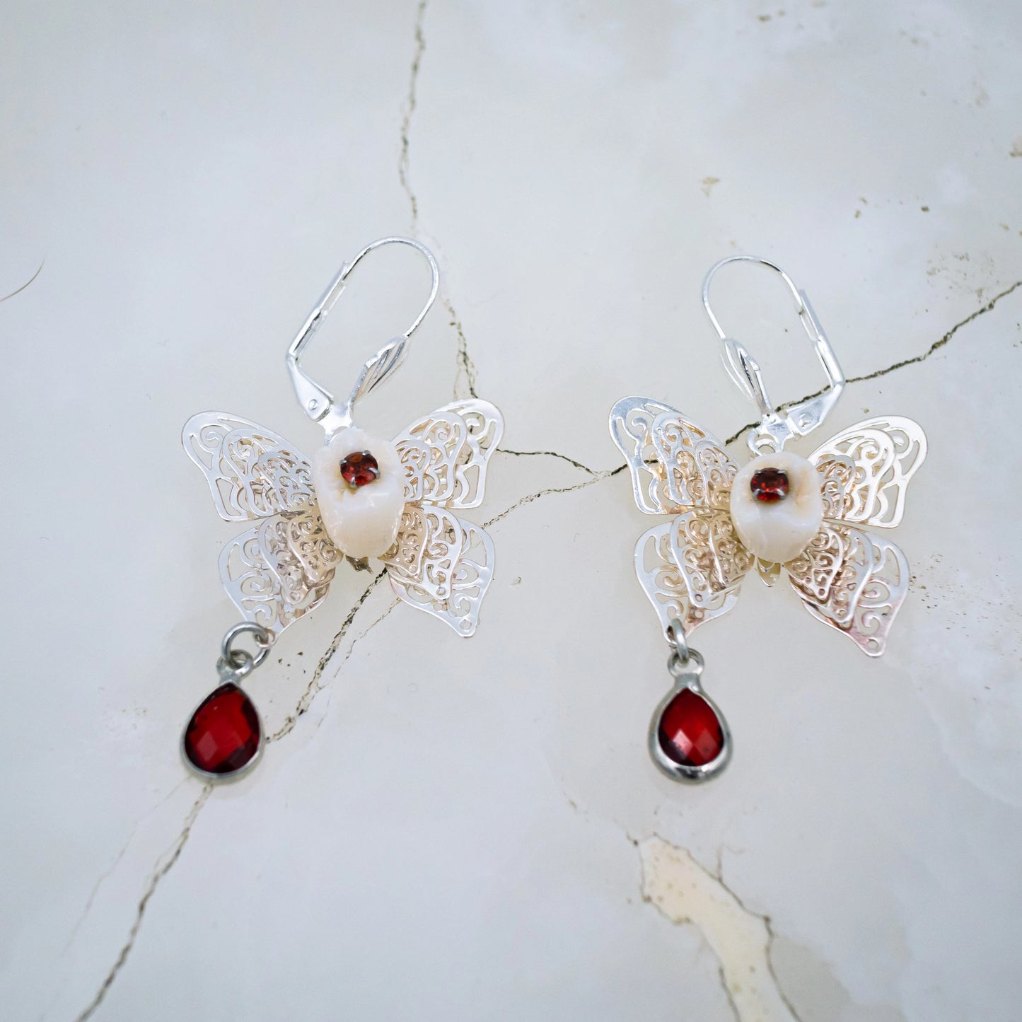 Red Crystal Human Tooth Butterfly Earrings