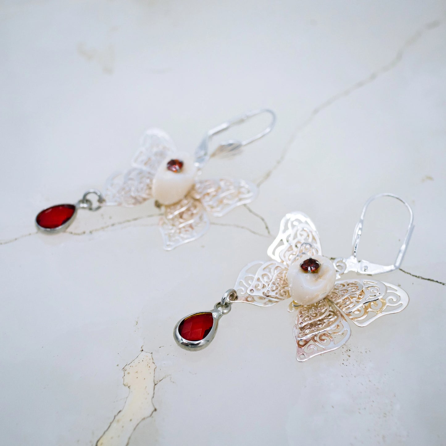Red Crystal Human Tooth Butterfly Earrings