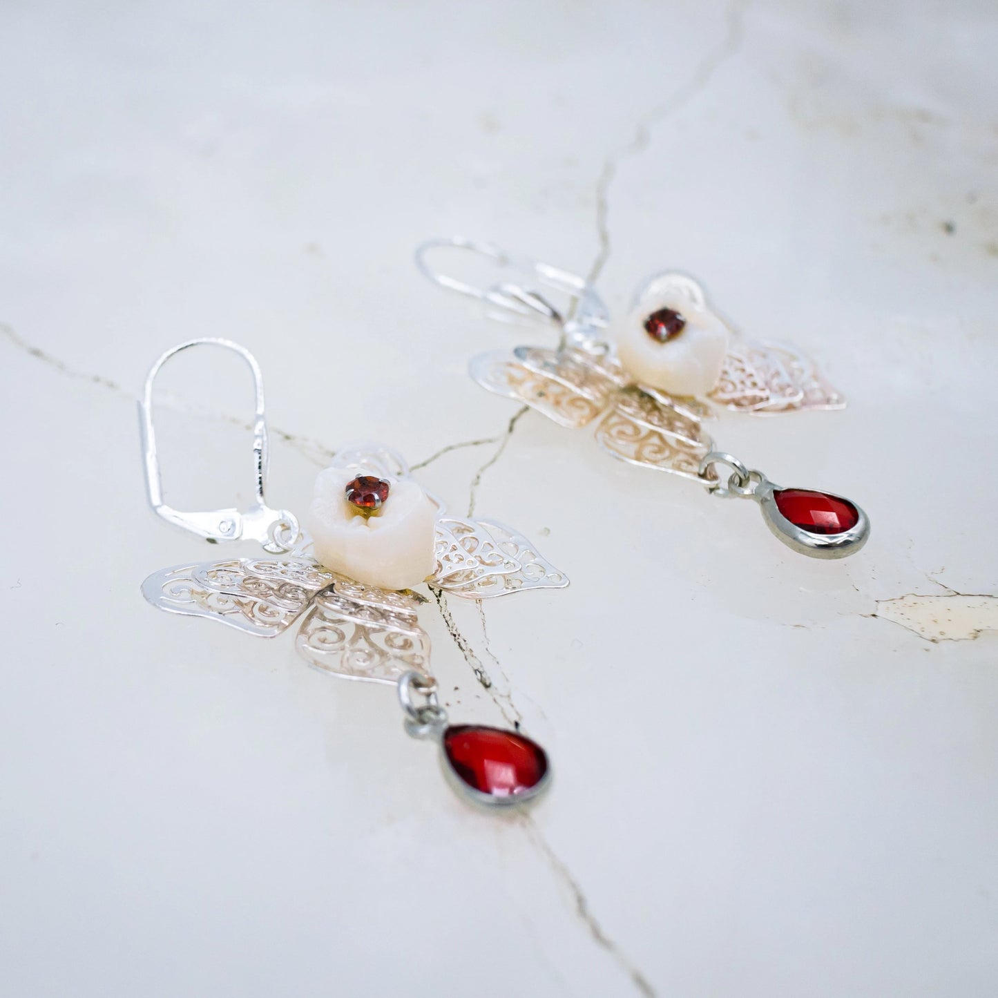 Red Crystal Human Tooth Butterfly Earrings