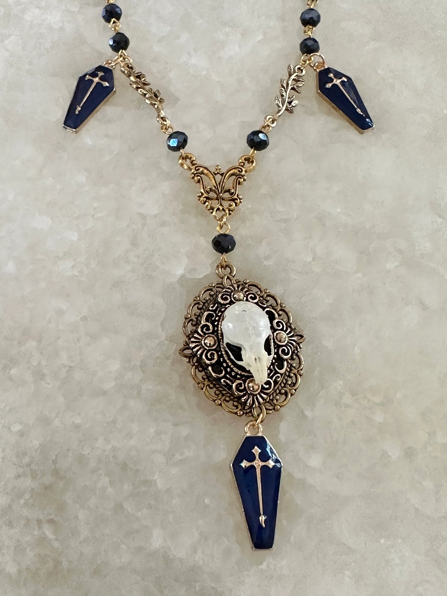 Victorian Mouse Skull and Coffin Necklace