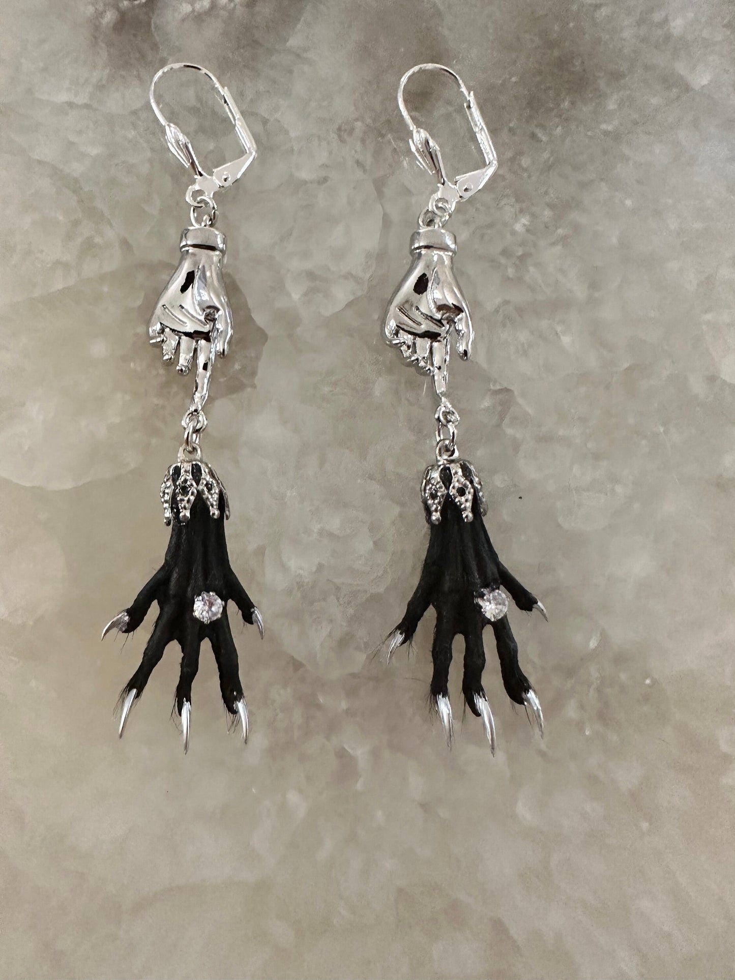 Silver Hand and Taxidermy Earrings