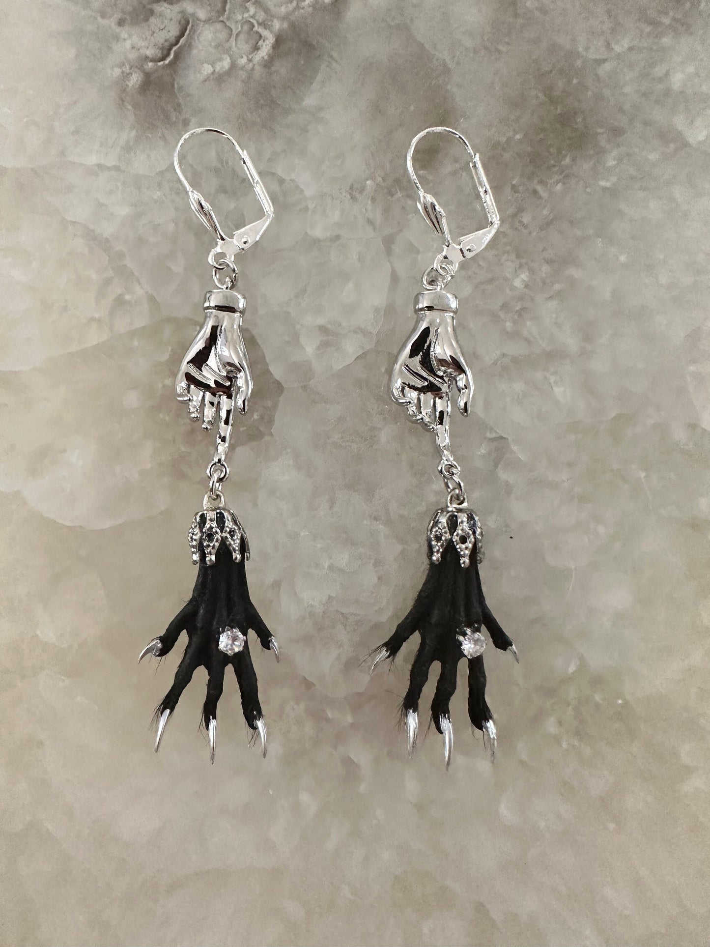 Silver Hand and Taxidermy Earrings