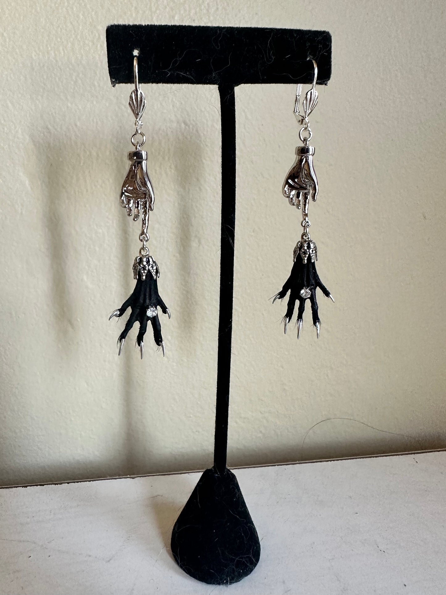 Silver Hand and Taxidermy Earrings