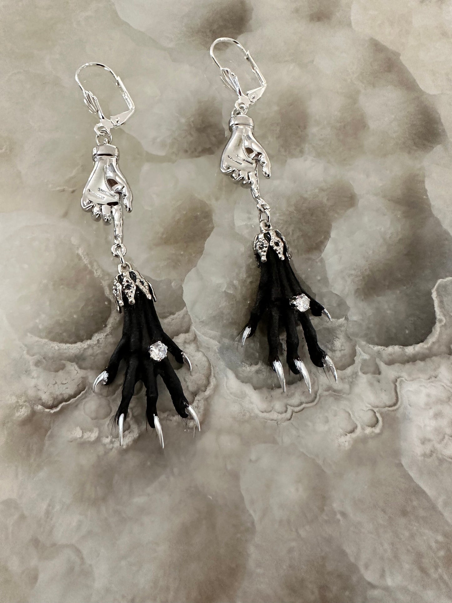 Silver Hand and Taxidermy Earrings