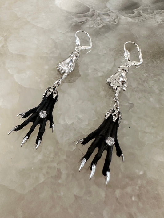 Silver Hand and Taxidermy Earrings