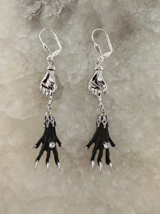 Silver Hand and Taxidermy Earrings